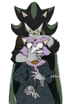 two cartoon characters sitting next to each other on a chair with one holding the other's head