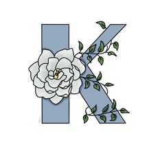 the letter k has a flower on it and is blue with green leaves around it