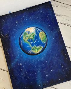 a painting of the earth as seen from space, with stars in the sky above it