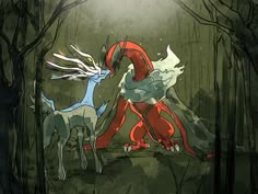 two cartoon animals standing in the middle of a forest