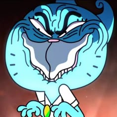 an animated image of a blue cat with its mouth open and hands on his hips