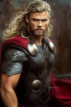 the avengers movie character is dressed as thor, with long blonde hair and red cape