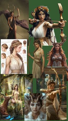 some pictures of women in different poses and hair styles, one with an arrow on her head