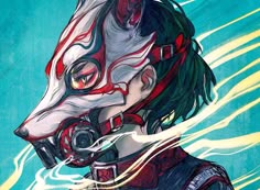 a drawing of a woman with an animal mask on her face and hair blowing in the wind