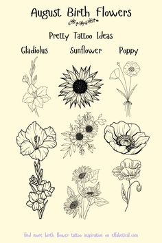 the flowers are drawn in black and white on a sheet of paper with text that reads august