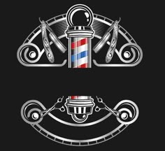 barber shop logo with scissors and combs on black background stock photo - budget conscious
