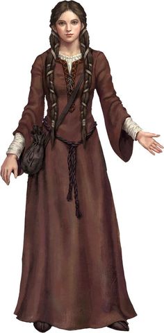 a woman in a long brown dress with her hands out