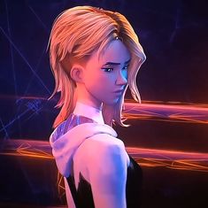 a woman with blonde hair wearing a black dress and white collared shirt standing in front of neon lights