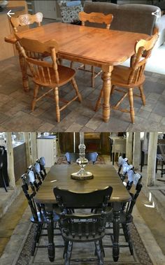 the before and after pictures show how to clean an old dining room table with new chairs