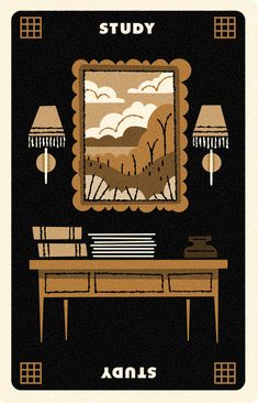 an image of a room with a painting on the wall and lamps hanging above it