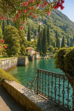 a bench sitting on the side of a river next to a lush green forest covered hillside