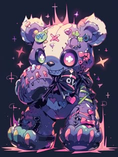 a very cute looking teddy bear with lots of stuff on it's face and eyes