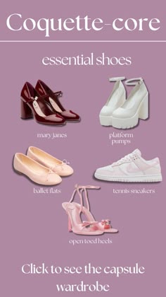 Essential shoes for coquette core capsule wardrobe, coquette style aesthetic, lana del rey, dolette, lolita core, styling, fashion, trends, springtime, spring aesthetic, girlie pink princess girl, mary janes, ballet flats, cute pumps, platforms, open toed shoes sandal hills, nike tennis sneakers, footwear Coquette Core Shoes, Coquette Shoes Aesthetic, Coquette Shoes Outfit, Coquette Shoes Outfit Ideas, Coquette Style Shoes, Princess Shoes Aesthetic, Footwear For Women