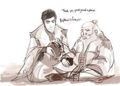 two people sitting next to each other on a white surface with words written above them