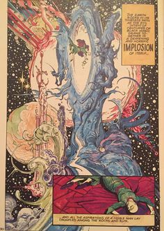 a comic book with an image of a man laying on the ground in front of a tree