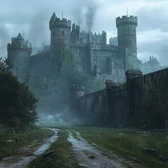 an old castle is shown in the fog