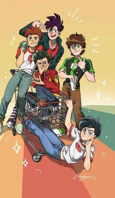 some cartoon characters are sitting in a shopping cart and one person is laying on the ground