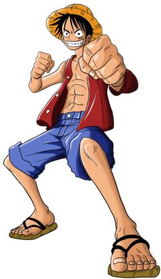the one piece luffy character is pointing his fist at the camera, while wearing sandals and