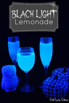 the black light lemonade is in three glasses