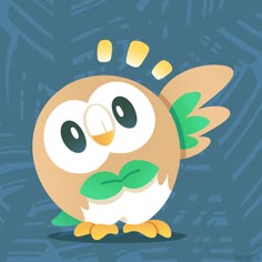an owl with green leaves on it's wings and eyes, standing in front of a blue background