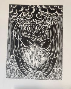 an owl with wings on it's head is in the middle of a black and white drawing