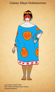 a woman in a blue dress with orange circles on her body and headdress