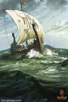 a painting of a boat in the middle of an ocean with people on it,