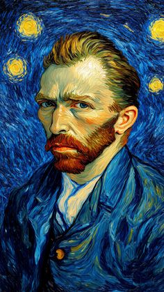a painting of a man with a beard and blue shirt in front of a starr background