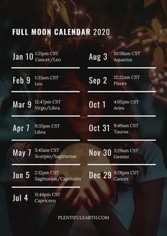 the full moon calendar with dates for each month