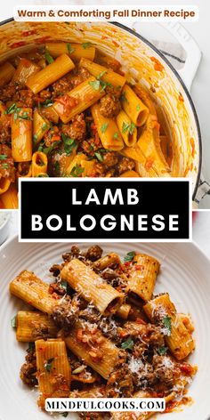 a bowl full of pasta and meat with the words lamb bolognzoe above it