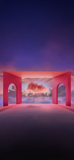 an abstract painting with arches and clouds in the sky at sunset or sunrise, as well as pink hues