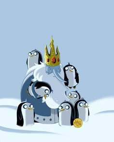 penguins are sitting in the snow with a crown on their head