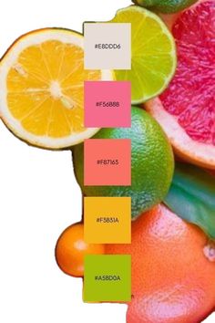 there are many different types of fruit on the table and one is orange, lemon, grapefruit, and lime