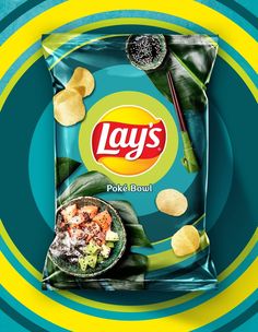 lay's poke - bowl potato chips on a blue and yellow striped background