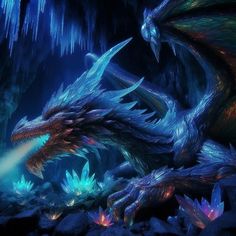 a blue dragon sitting on top of a lush green field next to ice covered mountains