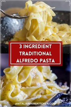 three ingredient traditional alfredo pasta in a black bowl with a red and white sign over the top
