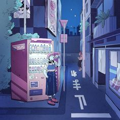 a person standing next to a vending machine in a city street at night time