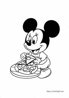 mickey mouse eating pizza from a plate with the word disney written in black and white
