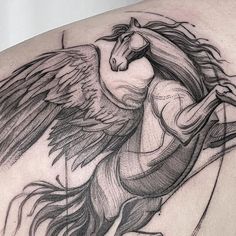 a drawing of a woman with a horse on her back and wings around her neck