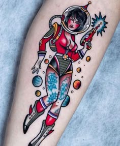 a woman with a space suit on her leg