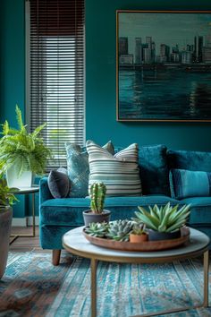 green and blue living room, living room decor, living room ideas, blue furniture, living room inspiration, green sofa