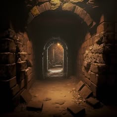 a dark tunnel with light at the end and bricks on the ground in front of it