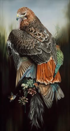 a painting of a bird sitting on top of a tree branch with its wings spread