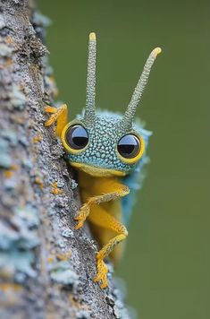 a close up of a small yellow and blue lizard on a tree branch with its eyes wide open