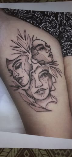 a woman's thigh with two faces on it