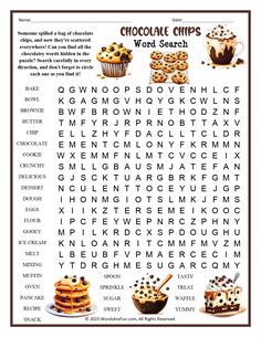 the word search for chocolate chip cupcakes is shown in this printable version
