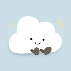 a white cloud with a smiley face on it's side, sitting in front of a blue background