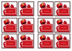 the sesame character is holding a red sign with four different faces and hands, all in squares