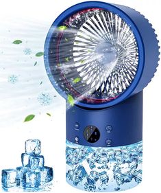 an electric fan sitting on top of ice cubes