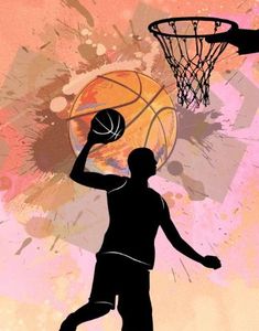 a silhouette of a basketball player about to dunk the ball in front of an orange and pink background